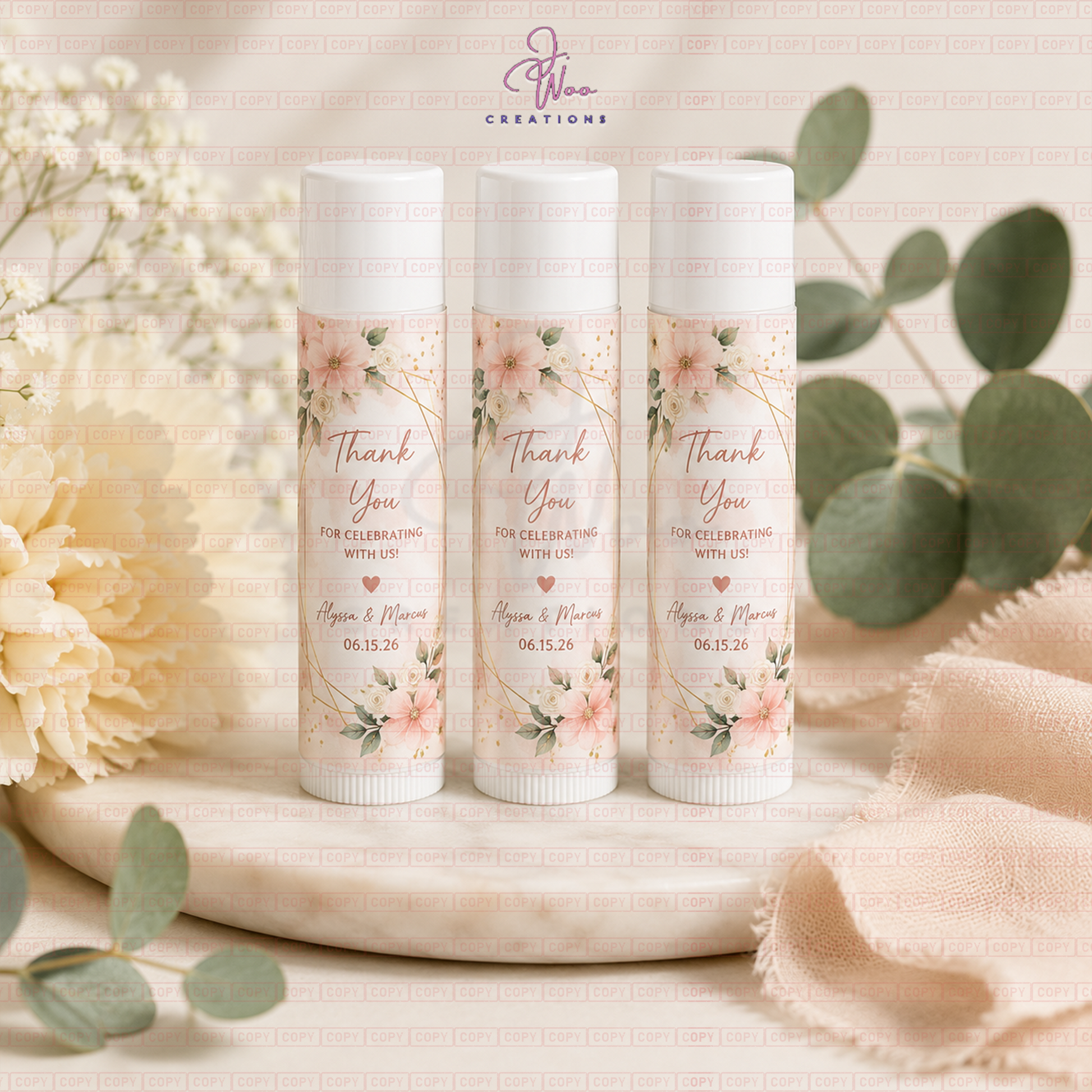 custom wedding favor lip balm labels with blush floral design